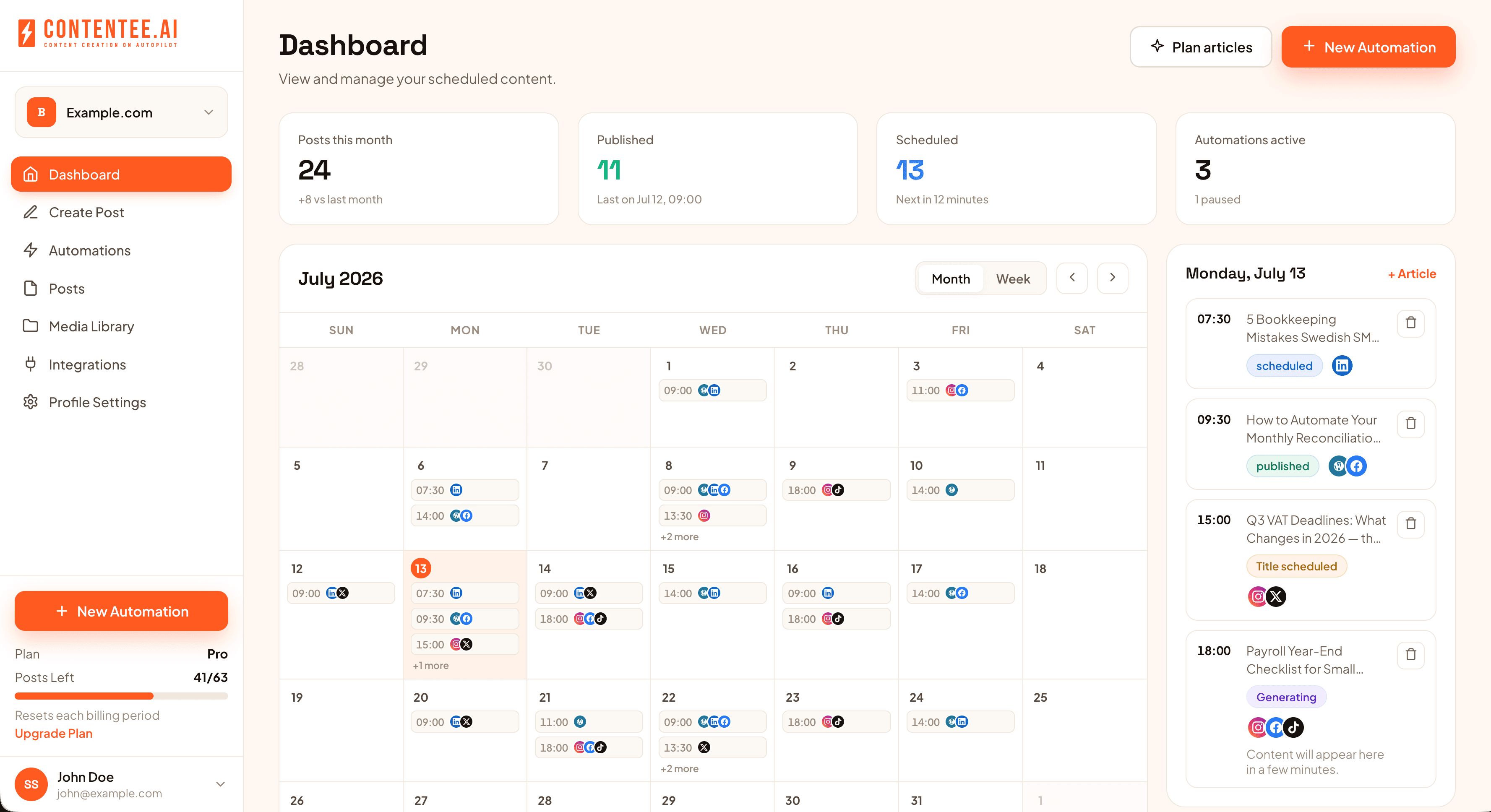 Contentee.ai content calendar dashboard